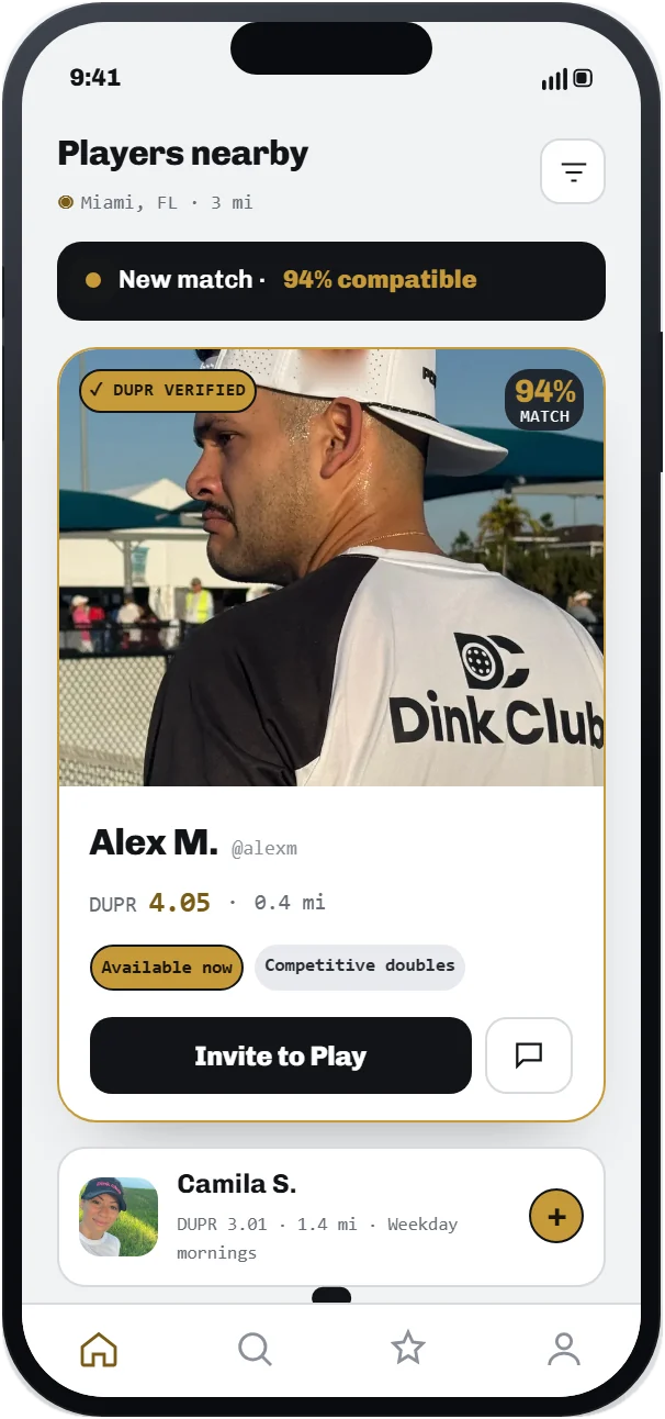 CourtFlo on a phone: the Players nearby screen, a DUPR-verified player with a match score, and an Invite to Play button