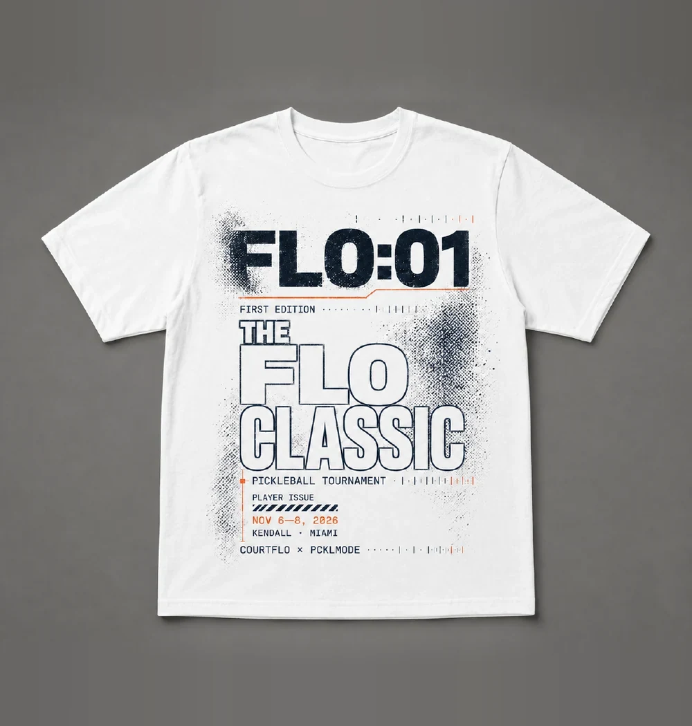The FLO Classic tournament shirt: white tee with FLO:01, THE FLO CLASSIC, First Edition, Player Issue, Nov 6 to 8 2026, Kendall Miami, CourtFlo x PCKLMODE